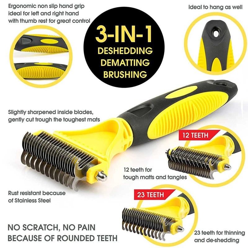 Dual-Sided Dematting Rake – Stainless Steel Grooming Comb for Dogs & Cats