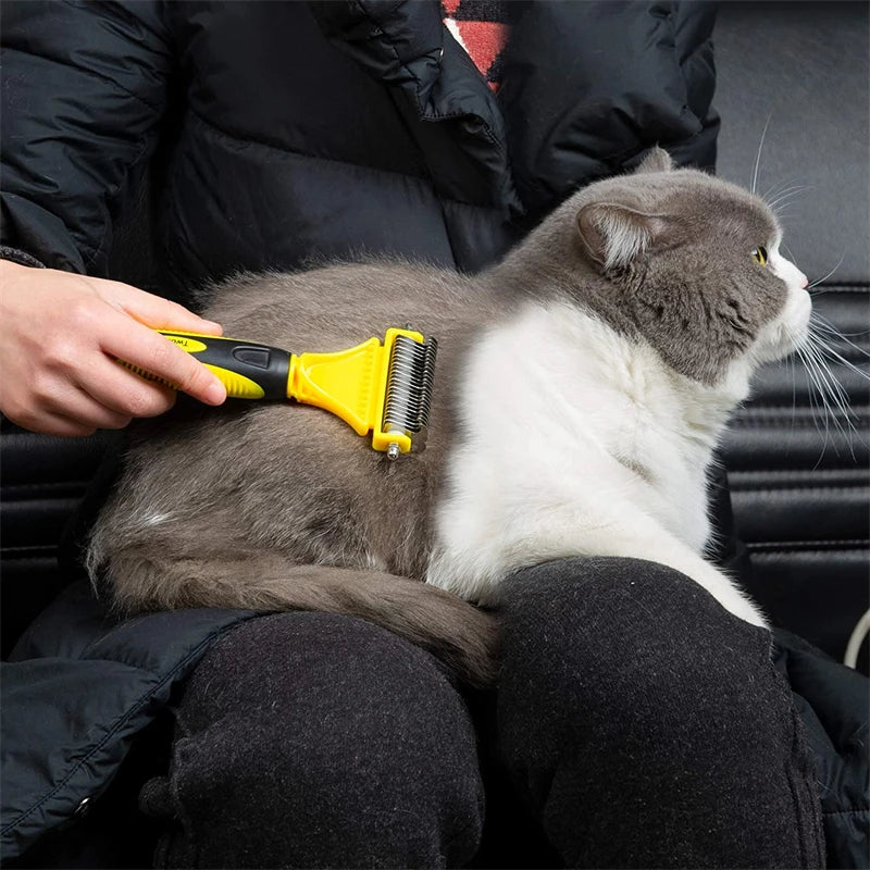 Dual-Sided Dematting Rake – Stainless Steel Grooming Comb for Dogs & Cats