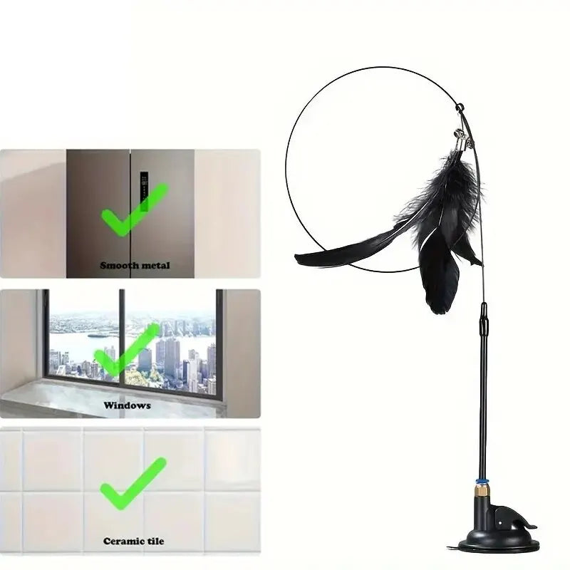 Interactive Feather Wand – Cat Teaser Toy with Bell & Suction Cup Base for Endless Playtime