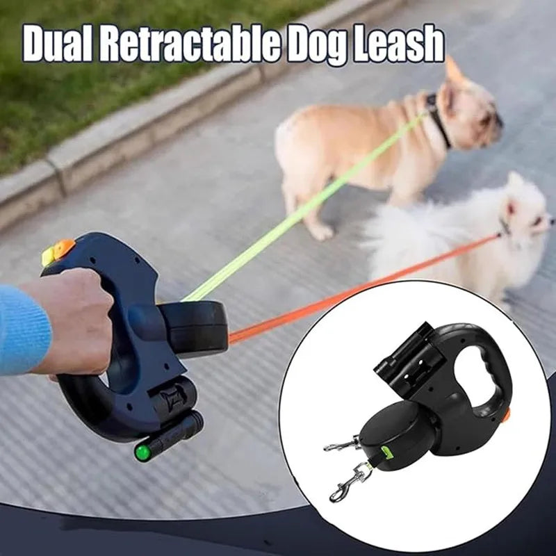 Double Retractable Dog Leash – Dual 360° Tangle-Free Lead with LED Safety Light (for Small & Large Dogs)