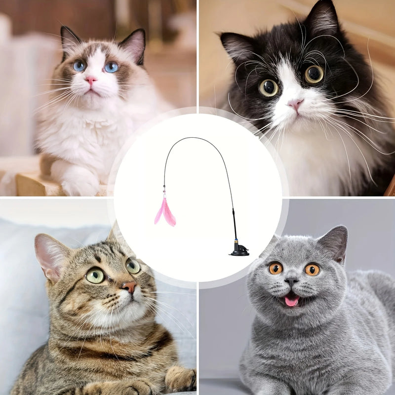 Interactive Feather Wand – Cat Teaser Toy with Bell & Suction Cup Base for Endless Playtime