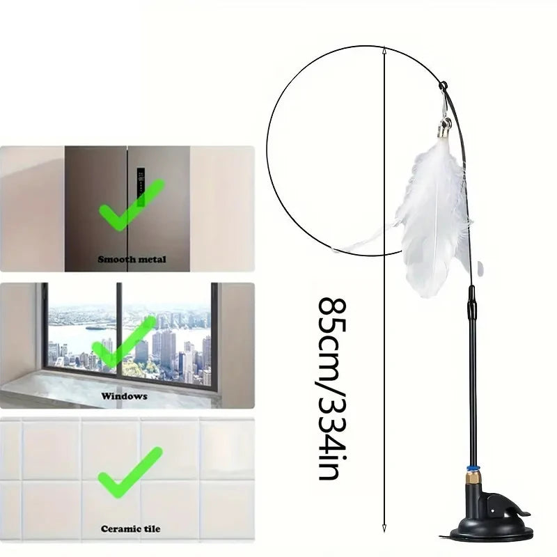 Interactive Feather Wand – Cat Teaser Toy with Bell & Suction Cup Base for Endless Playtime