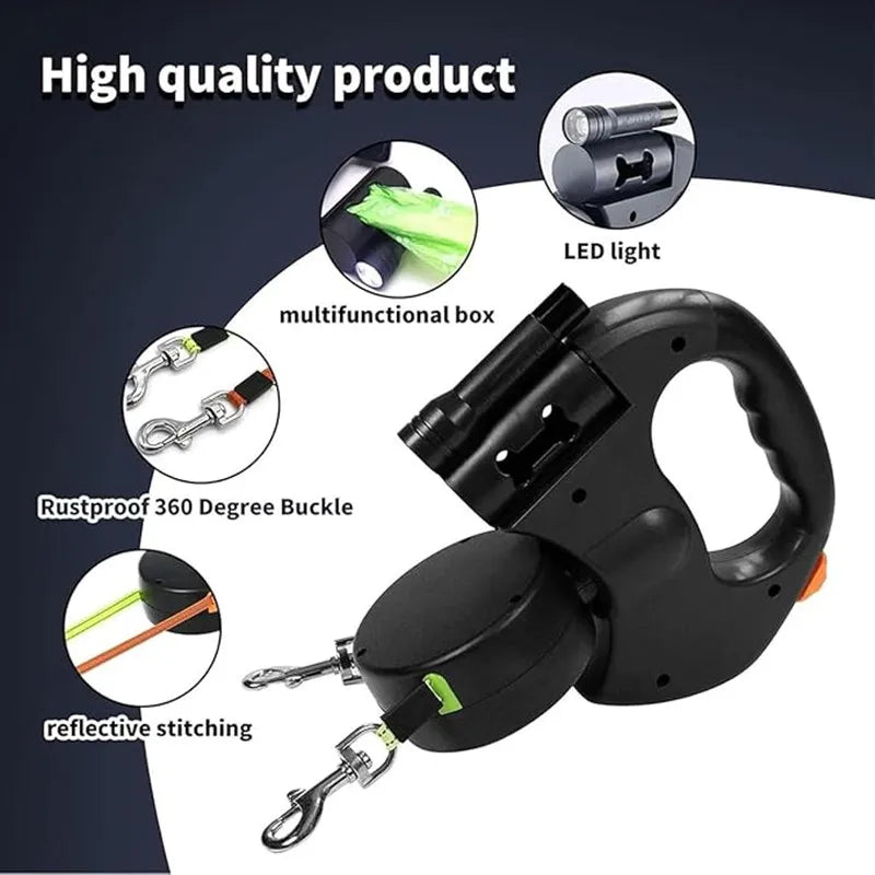 Double Retractable Dog Leash – Dual 360° Tangle-Free Lead with LED Safety Light (for Small & Large Dogs)