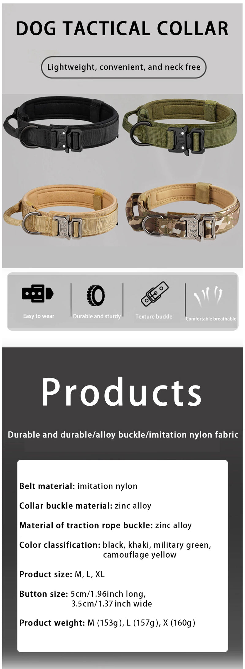 Tactical Dog Collar – Heavy-Duty Adjustable Nylon Collar with Metal Buckle for Medium & Large Dogs