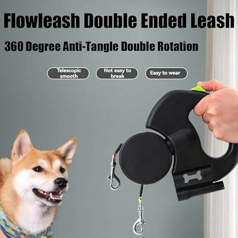 Double Retractable Dog Leash – Dual 360° Tangle-Free Lead with LED Safety Light (for Small & Large Dogs)